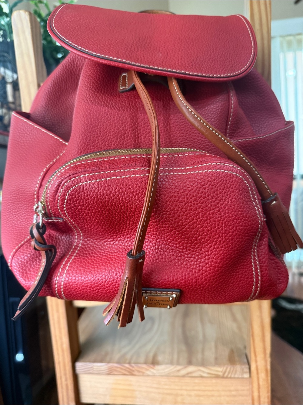 Dooney & Bourke Red Pebbled Leather Backpack with Brown Trim